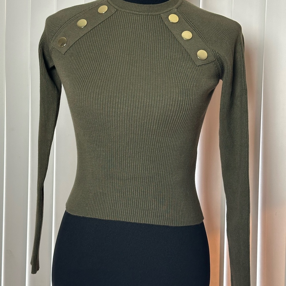 Zara Olive Ribbed Long Sleeve Top with Brass Buttons